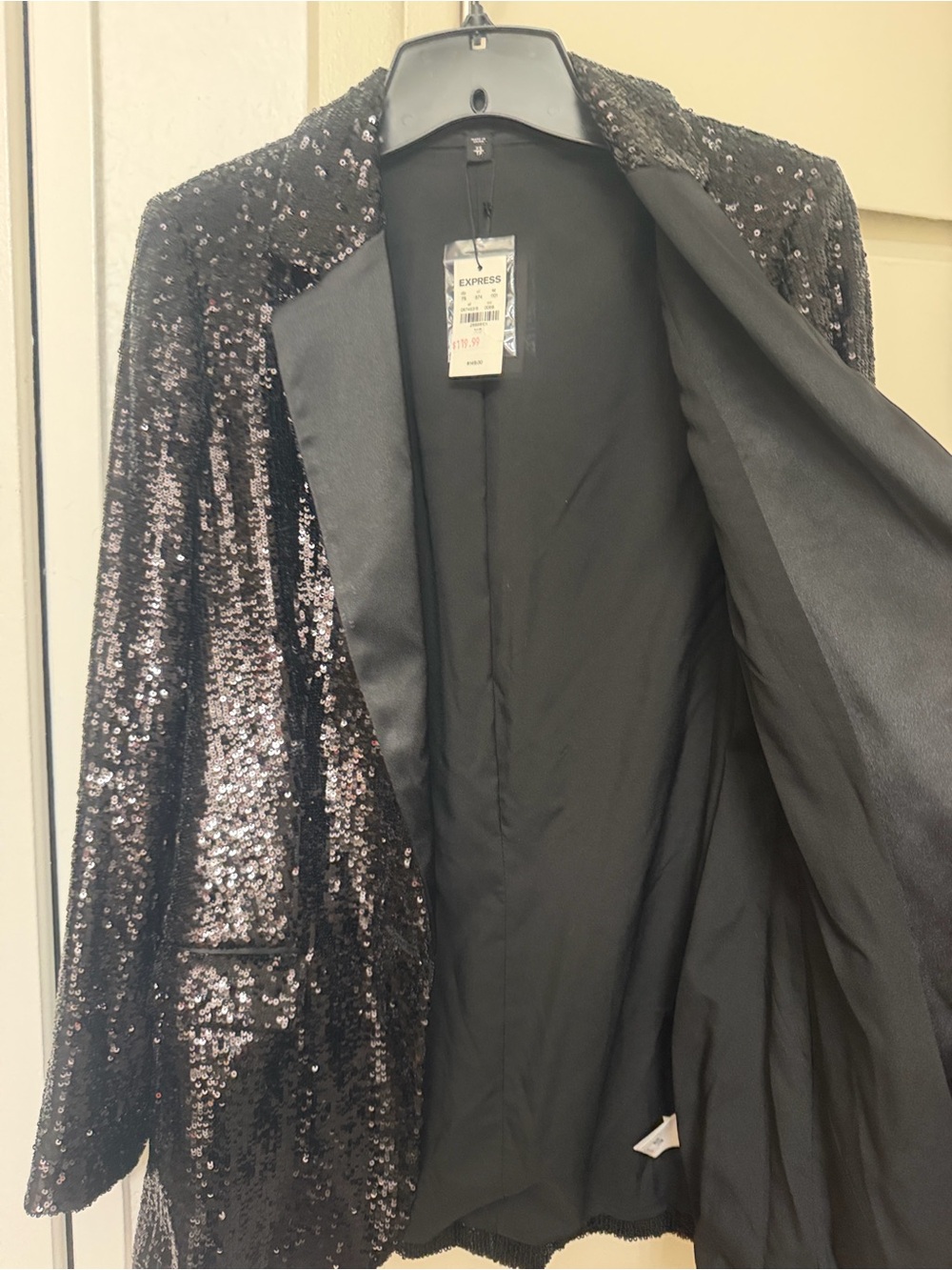 Express Black Sequin Blazer with Satin Lapel - Picture 3 of 7